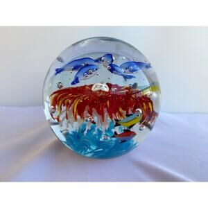 Large Paperweight Dolphins Fish Controlled Bullicante Bubbles 4.8 x 4.5 in